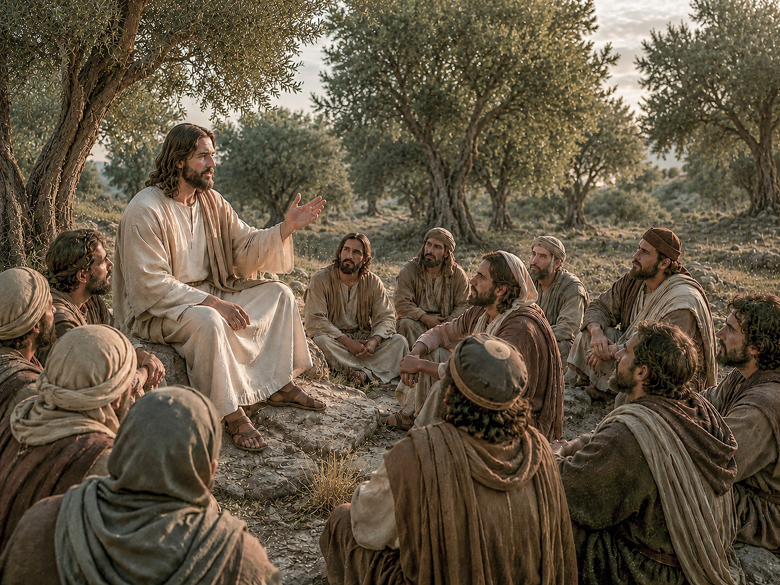 Jesus gives the Olivet Discourse on the Mount of Olives.